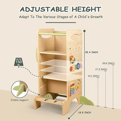 Wooden Toddler Tower Adjustable Height Step Stool, Toddler Kitchen Stool Helper with 8 Fun Learning Activities (Chalkboard, Slide, Bead Maze, Xylophone)