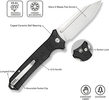CIVIVI Neurohaptic Pocket Knife for EDC, Folding Knife with 3.74'' Nitro-V Blade G10 Handle, Reversible Clip, Gift for Men Women C23080-2