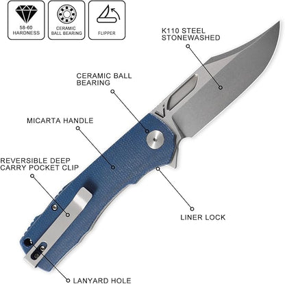 Petrified fish PFP03 Victor,3.58" K110 Stonewashed Blade,140g Micarta Handle Flipper Liner lock Folding knife (Blue Stonewashed)