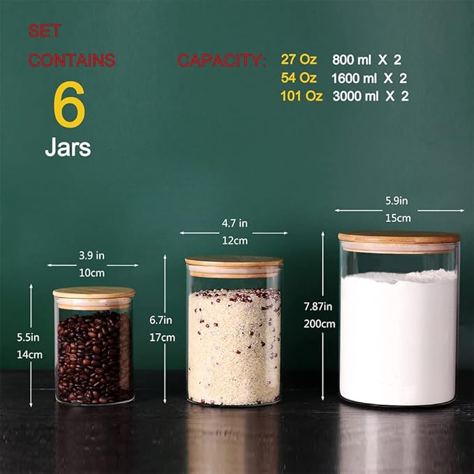 Glass flour Jars with Airtight Lids, 6 Pack Sugar and Flour Salt Containers Set, Extra Large Glass Rice Jar with Bamboo lid for Kitchen, Brown Suger, Beans, Groub Coffee (100OZ/54OZ/27OZ)