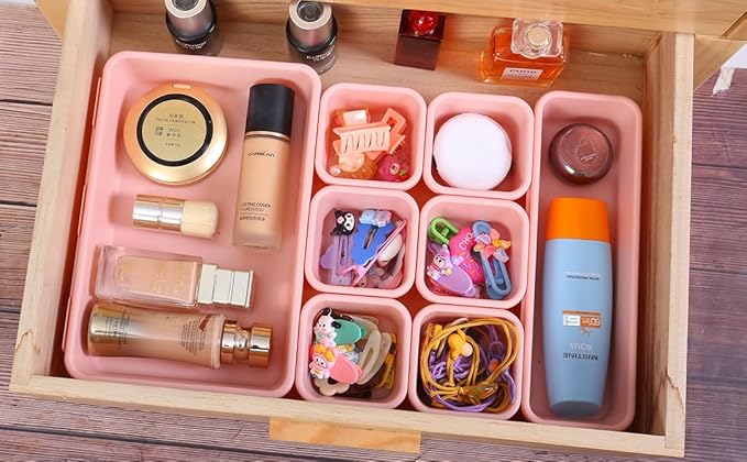 Kutesna 25 PCS Pink Drawer Organizer Set, 4 Size Interlocking Plastic Storage