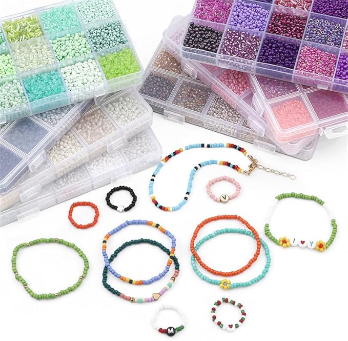 15 Color 4mm Small Assorted Glass Seed Beads,3mm Bugle Beads Friendship Bracelet Kit,2mm Tiny Tube Bead for Jewelry Making(Pink)