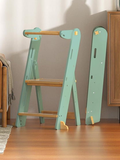 GROWNSY Foldable Step Stool Toddler Tower, Toddler Kitchen Stool Helper, Collapsible Kids Standing Learning Tower with 3 Adjustable Heights and Safety Net for Kitchen Bathroom Sink Counter (Green)