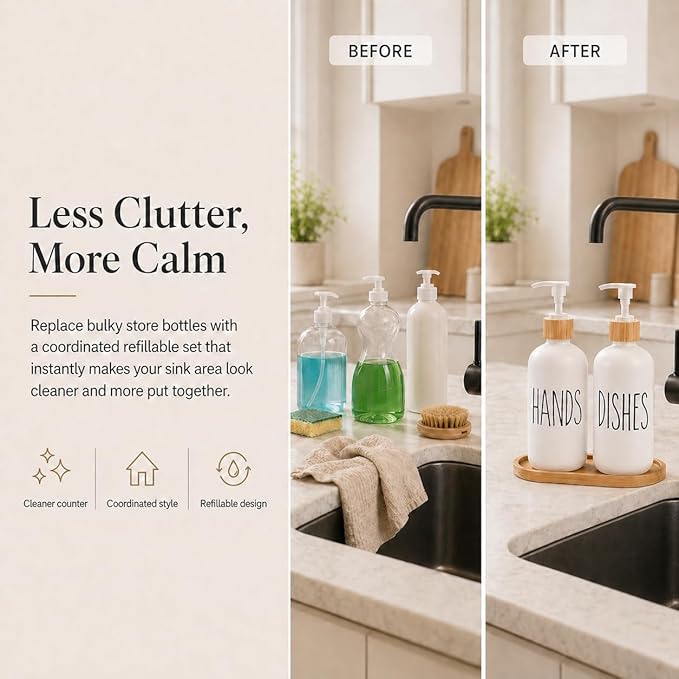 Dish Soap Dispenser for Kitchen Sink.Glass Hand Soap Dispenser, Modern