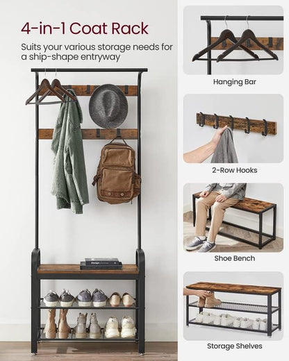 VASAGLE Coat Rack, Hall Tree with Shoe Bench, 4-in-1, 9 Removable Hooks