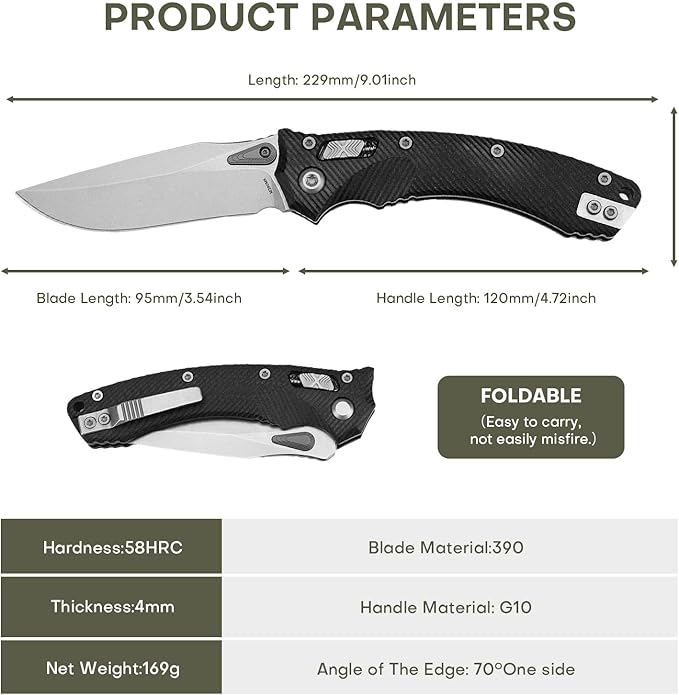 Folding Pocket Knife for Men, M390 3.7" Blade with G10 Handle and Crossbar Lock, EDC Knife for Camping, Hiking, and Outdoor Gifts for Him (Black)