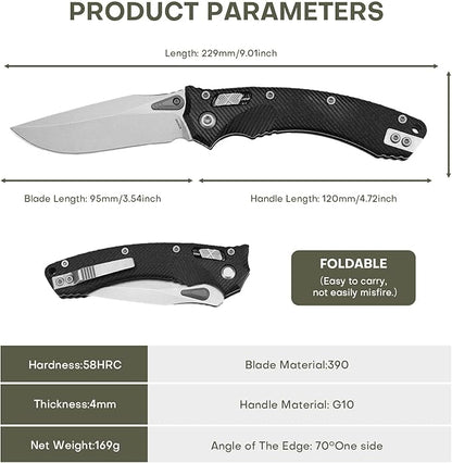 Folding Pocket Knife for Men, M390 3.7" Blade with G10 Handle and Crossbar Lock, EDC Knife for Camping, Hiking, and Outdoor Gifts for Him (Black)