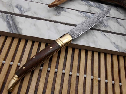 Laguiole Folding Damascus Steel Knife, 8.5" Long with 4" Hand Forged Twist patren Blade. Rose Wood & Brass Bolster Scale. Cow Hide Leather Sheath Included (Brown)