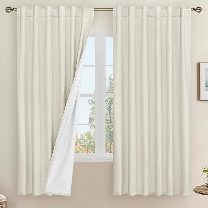 LAMIT 100% Blackout Natural Polyester Curtains, 68 Inches Linen Textured