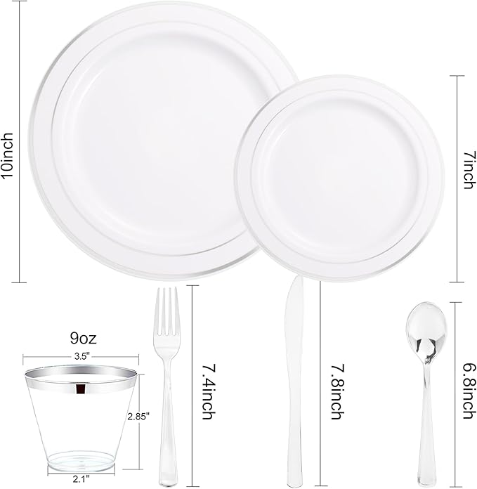 bUCLA 150-Piece Silver Disposable Dinnerware Set - White Plastic Plates with Silver Rim - Include 25 Dinner Plates, 25 Dessert Plates, 25 Forks, 25 Knives, 25 Spoons & 25 Cups for Party & Christmas