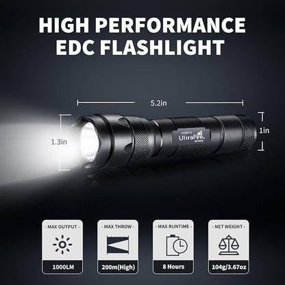 ULTRAFIRE Tactical Flashlight with Holster Pouch, 1000 Lumen Single Mode Police Flashlight for Duty Belt, Super Bright EDC Flash Light with Belt Holster, WF-502B