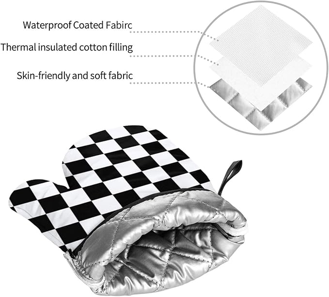 Checkered Black and White Plaid Oven Mitts and Pot Holders Set of 4, Heat
