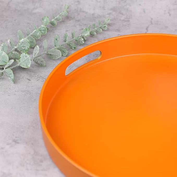 Round Orange Decorative Serving Tray with Handles, 13” Versatile Ottoman Tray for Coffee Table, Entertaining, Outdoor Patio, Living Room