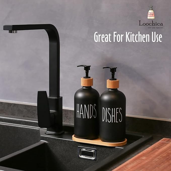 LOOCHICA 2 Pack Black Glass Soap Dispenser Set