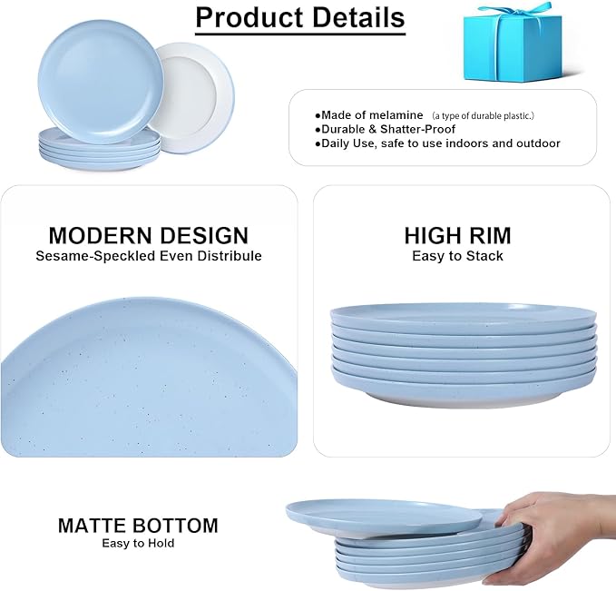 Webbylee 10.25" Melamine Dinner Plates Set of 6 - Durable Serving Dishes Perfect for Kitchen Outdoor Use, Dishwasher Safe,Scratch Resistant-Blue & Beige