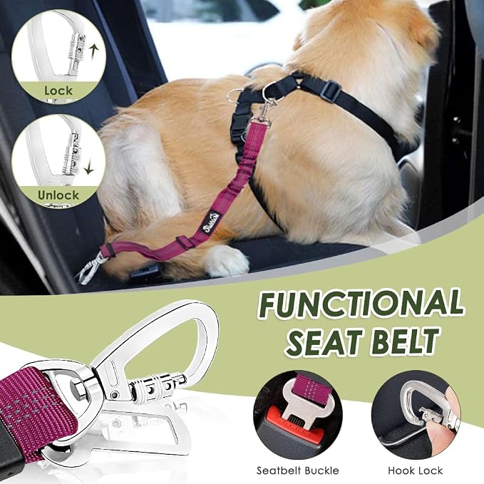 Lukovee Dog Car Harness Seat Belt, Adjustable Mesh Breathable Vest with Elastic Bungee Tether, Soft Padded 2-in-1 Safety Car Harness Seatbelt for Small Medium Large Dogs (Rose,L)