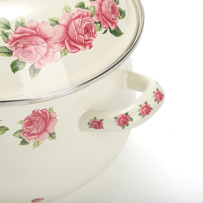 SOUJOY Enamel Stockpot with Lid, 2.8 Quart Retro Cooking Pot, Vintage Floral