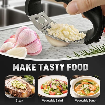 Stainless Steel Garlic Press Rocker, 2025 New Garlic Mincer and Garlic Crusher, Easy-Squeeze Garlic Tool with Peeler and Cleaning Brush for Smashing Garlic (A2-3Pcs)