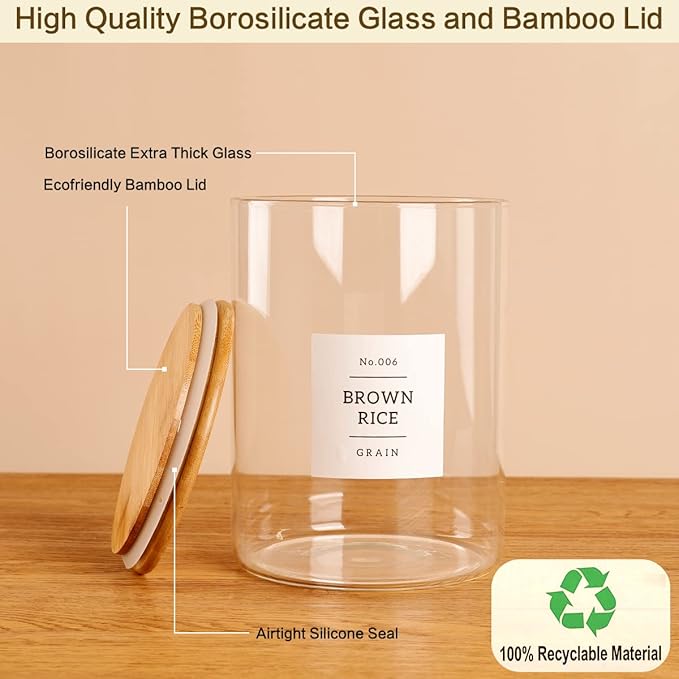 Large Glass Storage Jars With Airtight Bamboo Lid - 100 Fl Oz Thicken Kitchen Glass Food Storage Canister With 42 Pantry Labels - Big Clear Flour And Sugar Containers Farmhouse
