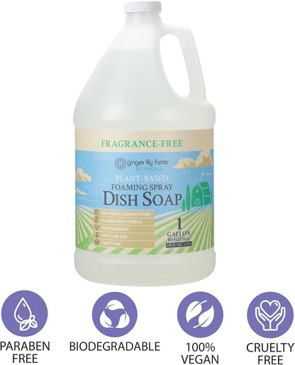 Ginger Lily Farms Botanicals Plant-Based Foaming Spray Dish Soap, Concentrated Formula with Max Grease Cleaning Power, Cruelty-Free, Fragrance-Free, 1 Gallon Refill (128 Fl Oz)