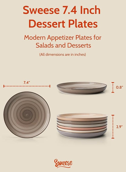 Sweese 7.4 Inch Porcelain Dessert Plates - Round Salad, Appetizer Plate Set for Kitchen, Small, Dishwasher Microwave Safe, Set of 6, Neutral