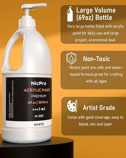 Nicpro 6 Colors Large Bulk Acrylic Paint Set (69 oz, 2040ml) Rich Art Painting Supplies Non Toxic for Multi Surface, Canvas, Wood, Leather, Fabric Stone Craft, for Kid & Adult with Pump, Color wheel