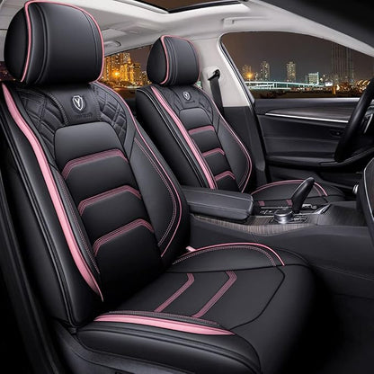 Comfortable Leather Auto Car Seat Covers 5 Seats Full Set Universal Fit (Black & Pink