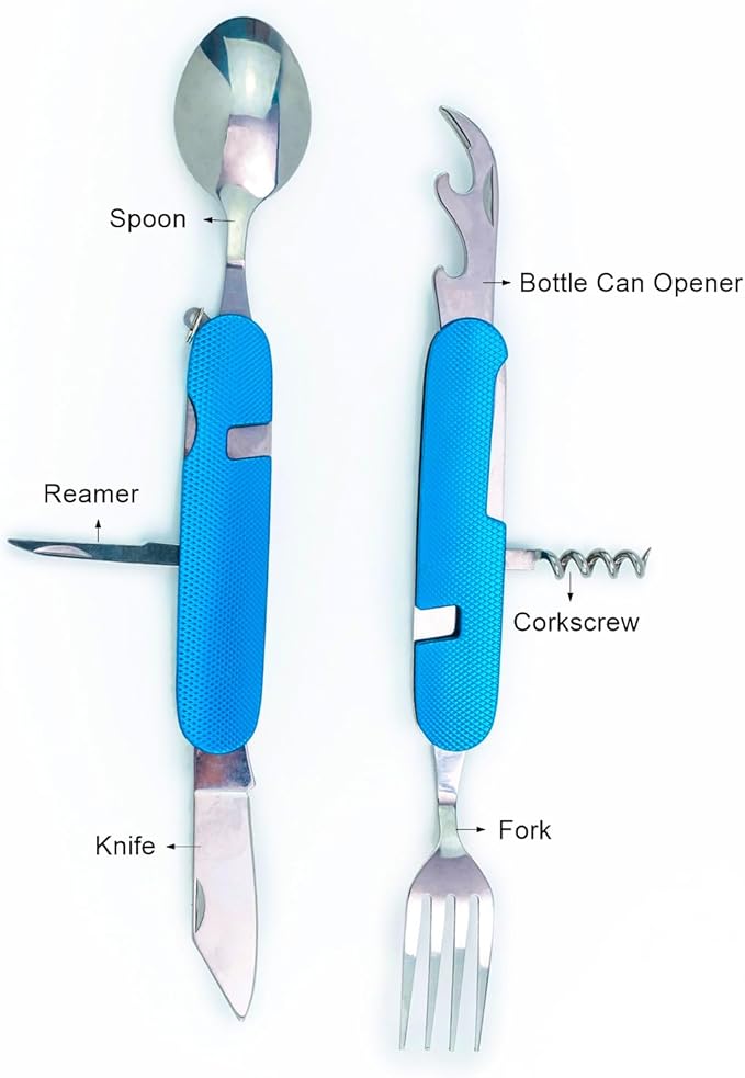 Cluck 6-in-1 Multi-Function Camping Flatware Utensil Folding Knife Cutlery Detachable Pocket Kits with Carrying Pouch (Gold + Blue)