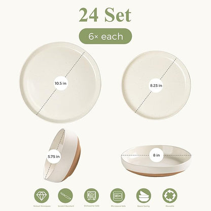 AmorArc Ceramic Dinnerware Sets with Pasta Bowls for 6, Handpainted Plates and Bowls Set with Rustic Terracotta Underside, Scratch Resistant Dishes Set, Dishwasher & Microwave Safe, 24 Pcs