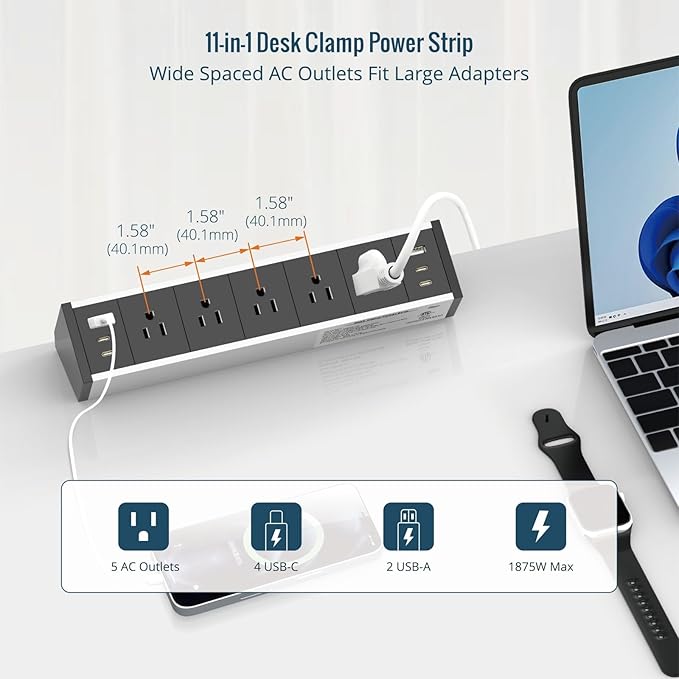 Tecmojo Desk Clamp Power Strip 5 Outlet