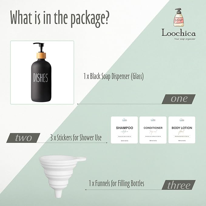 LOOCHICA Black Glass Kitchen Soap Dispenser, Detergent Dispenser or Dish Soap