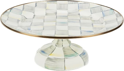 MACKENZIE-CHILDS Enamel Pedestal Platter, Round Cake Stand, Small, Gray-and-White Sterling Check