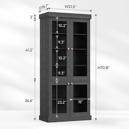 70.8" Tall Black Bookshelf with Glass Doors, Farmhouse Modular Bookcase with 6-Tier Adjustable Shelves, Large Storage Cabinet for Home Office, Living Room