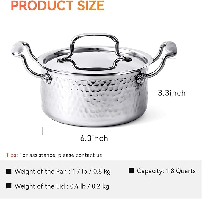 WANGYUANJI 1.8-Quart Stainless Steel Stock Pot with Lid, Small Soup/Sauce Pot, Tri-Ply Bottom, Induction Compatible, Dishwasher Safe, Hammered Finish
