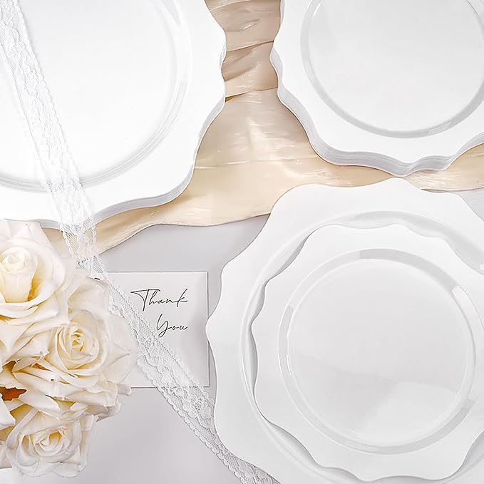 100 PCS White Disposable Plates for 50 Guests, Scalloped Plastic Plates Include 50 Dinner Plates and 50 Dessert Plates for Party, Wedding