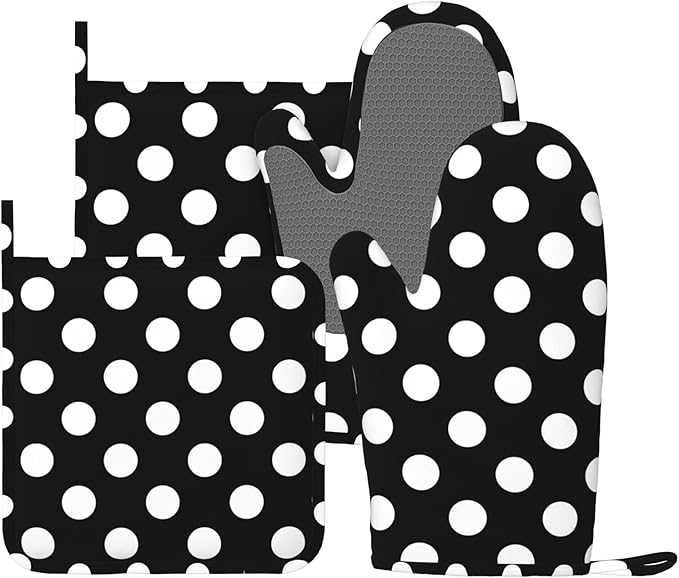 Black White Retro Polka Dot Oven Mitts and Pot Holders Sets of 4, Heat