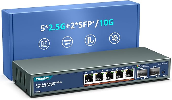 7 Port 2.5G Unmanaged Ethernet Switch, 5 x 2.5G Base-T Ports, 2 x 10G SFP