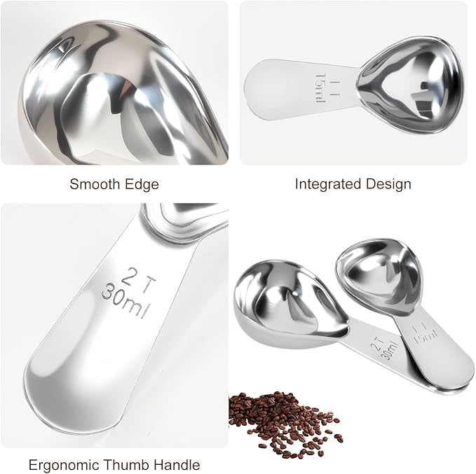 2Pcs Coffee Scoops, Premium 18/8 Stainless Steel Coffee Spoons, Tea and Powder