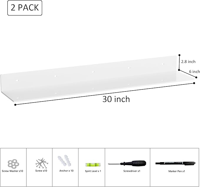 30 Inch White Floating Shelves for Wall Décor, Acrylic Storage Wall Shelf Holder