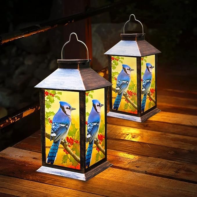 Solar Lanterns Outdoor Hanging Blue Jay Solar Lights Decorative for Garden Patio Porch and Tabletop PVC Waterproof LED Lantern (1pack)…