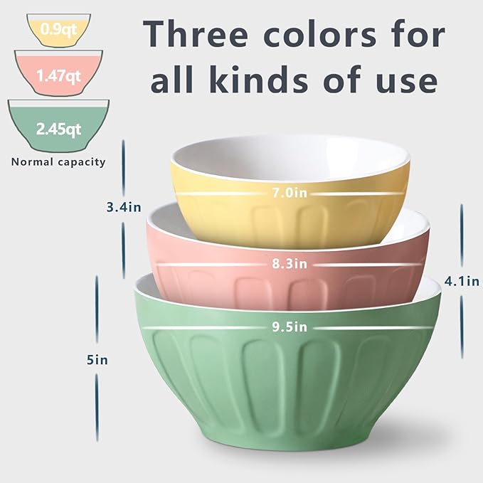 Lareina Ceramic Mixing Bowls Set of 3, Large Nesting Bowls