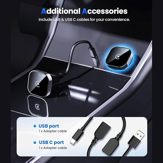 2 in 1 CarPlay Adapter for VW Crafter Van Minibus, CarPlay Wireless Adapter with Auto Reconnect Fast Pairing Bluetooth Connection Compact USB Dongle,A/Silver-Side Heat Dissipation