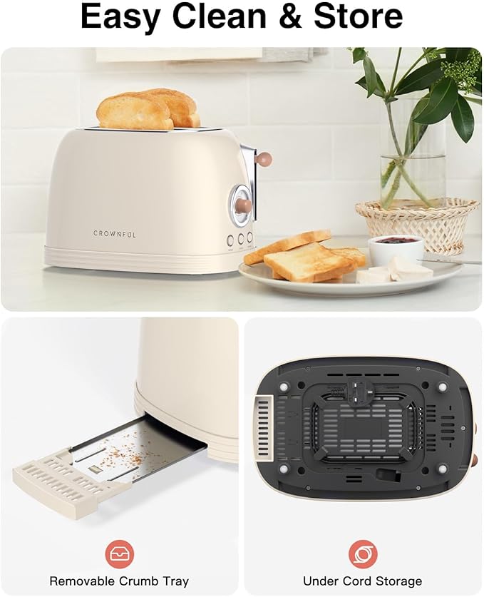 CROWNFUL 2-Slice Toaster, Extra Wide Slots Toaster, Retro Stainless Steel