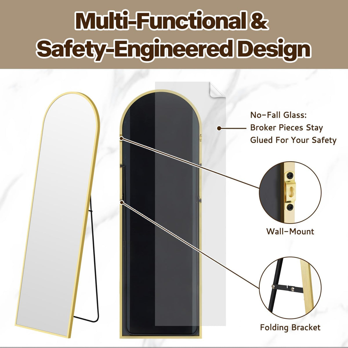 Full Length Mirror, 55x15‘’ Arched Wall Mirror for Bedroom, Long Gold Standing Floor Mirror, Full Body Tempered Glass Vanity Mirror with Aluminum Frame for Entryway, Living Room, Bathroom Décor