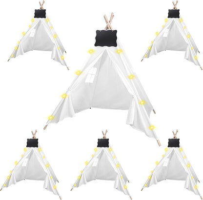 6pcs Teepee Tents Set with Markeable Small Blackboards and 10FT String Lights, Foldable Indoor Outdoor Play Teepee Tent for Girls & Boys, for Birthday Party Boho Sleepovers Party (White)