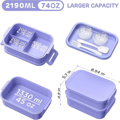 Lunch Box Adults Bento Box - 74 OZ All-in-One Stackable Lunch Box Containers for Adult Large Bento Box with Fork Spoon Sauce Boxes, Leakproof Lunchbox for Work School Dining Out,Macaron-Color