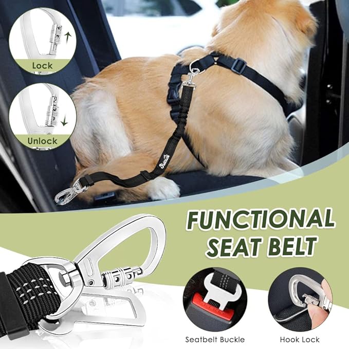 Lukovee Dog Car Harness Seat Belt, Adjustable Mesh Breathable Vest with Elastic Bungee Tether, Soft Padded 2-in-1 Safety Car Harness Seatbelt for Small Medium Large Dogs (Lime Green,L)