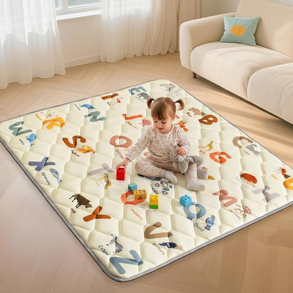 Baby Play Mats for Floor - 65”x50” Playmat for Babies - Foldable Soft Foam Mat for Toddlers - Machine Washable & Non-Slip Thick Play Mat for Picnic Portable - Animals Alphabet Design