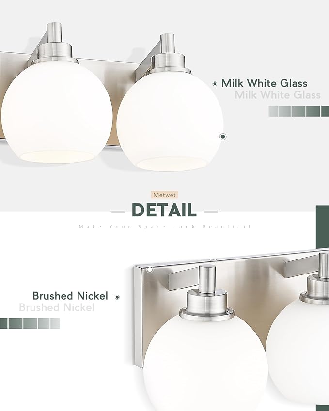 METWET Bathroom Light Fixtures, 3-Light Brushed Nickel Vanity Light, Modern