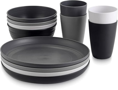 Plastic Camping Plates and Bowls Set, 12pcs Unbreakable Camping Dinner Set for 4, Reusable, Microwave & Dishwasher Safe Dinner Set, for Kitchen Outdoor Travel Picnic